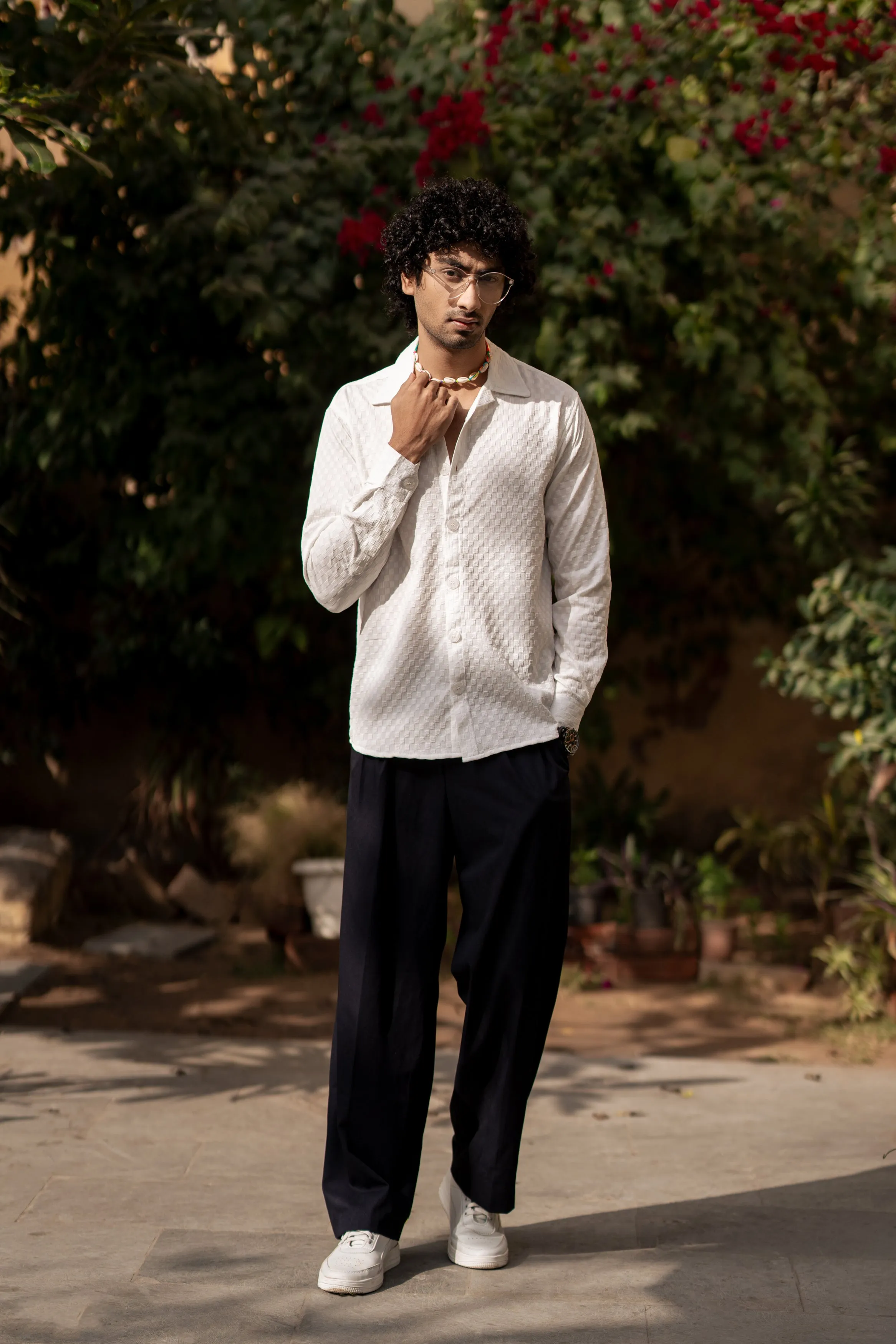 Firangi Yarn Men's Full Sleeve Bubble Cube Self Design Shirt White