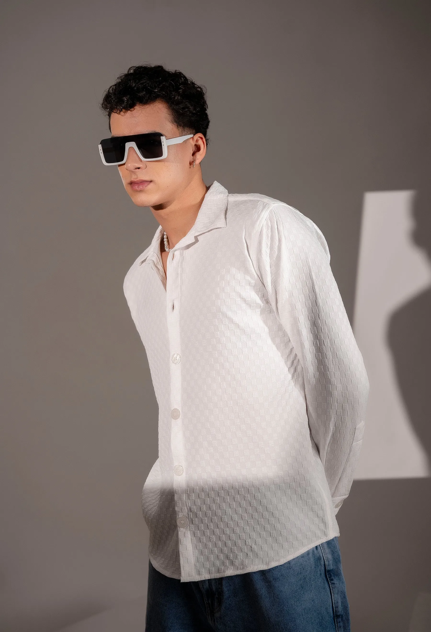 Firangi Yarn Men's Full Sleeve Bubble Cube Self Design Shirt White