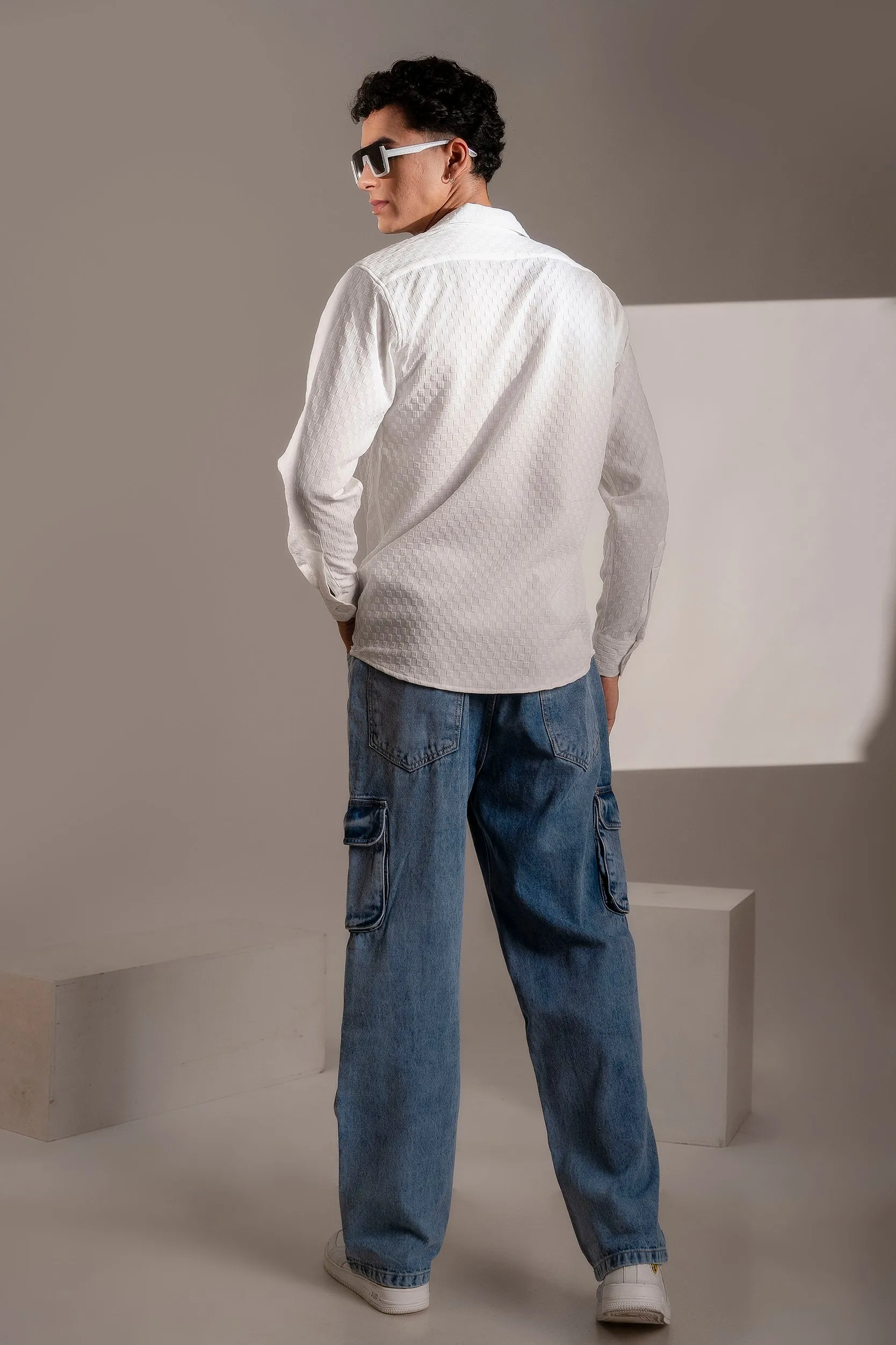 Firangi Yarn Men's Full Sleeve Bubble Cube Self Design Shirt White