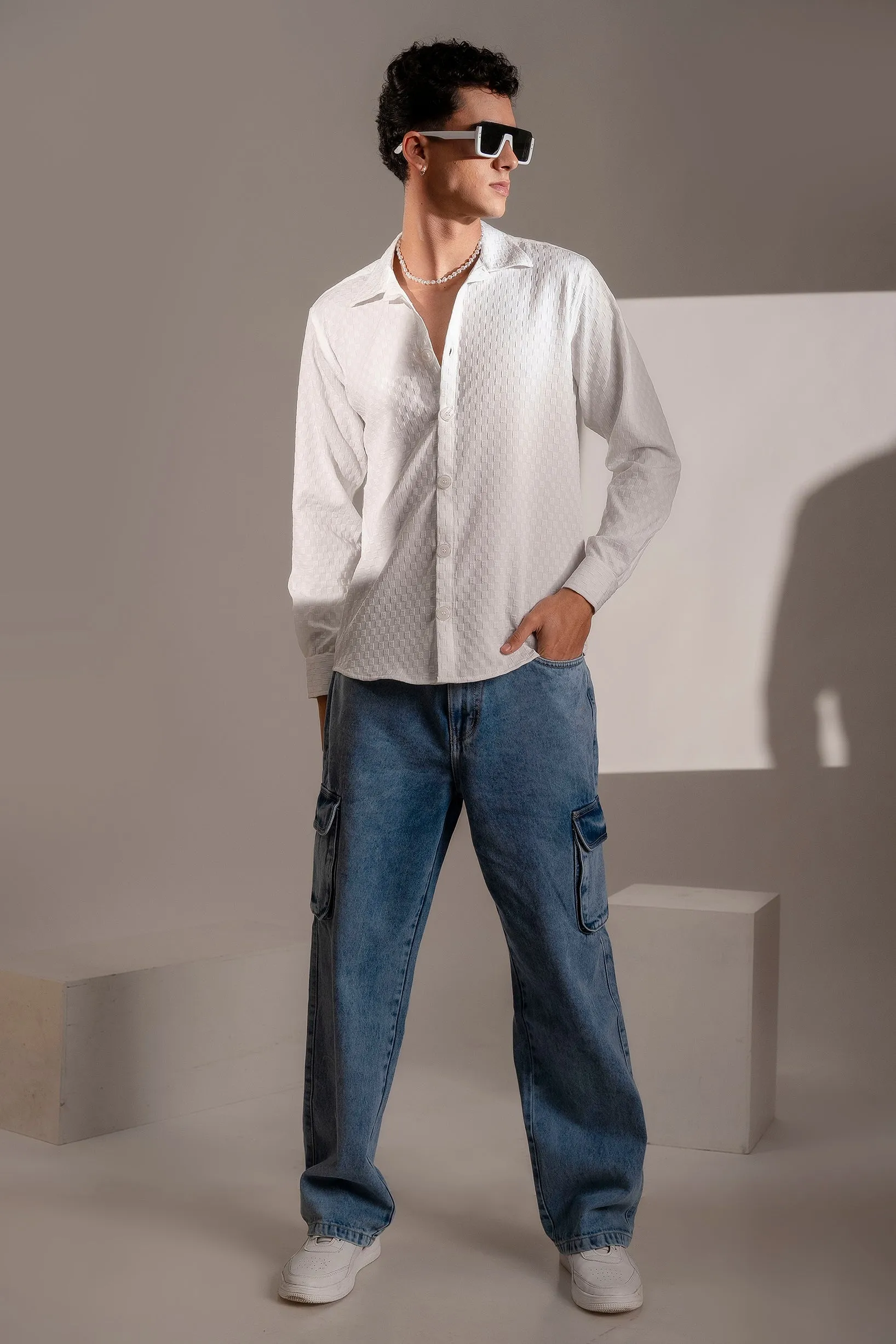 Firangi Yarn Men's Full Sleeve Bubble Cube Self Design Shirt White