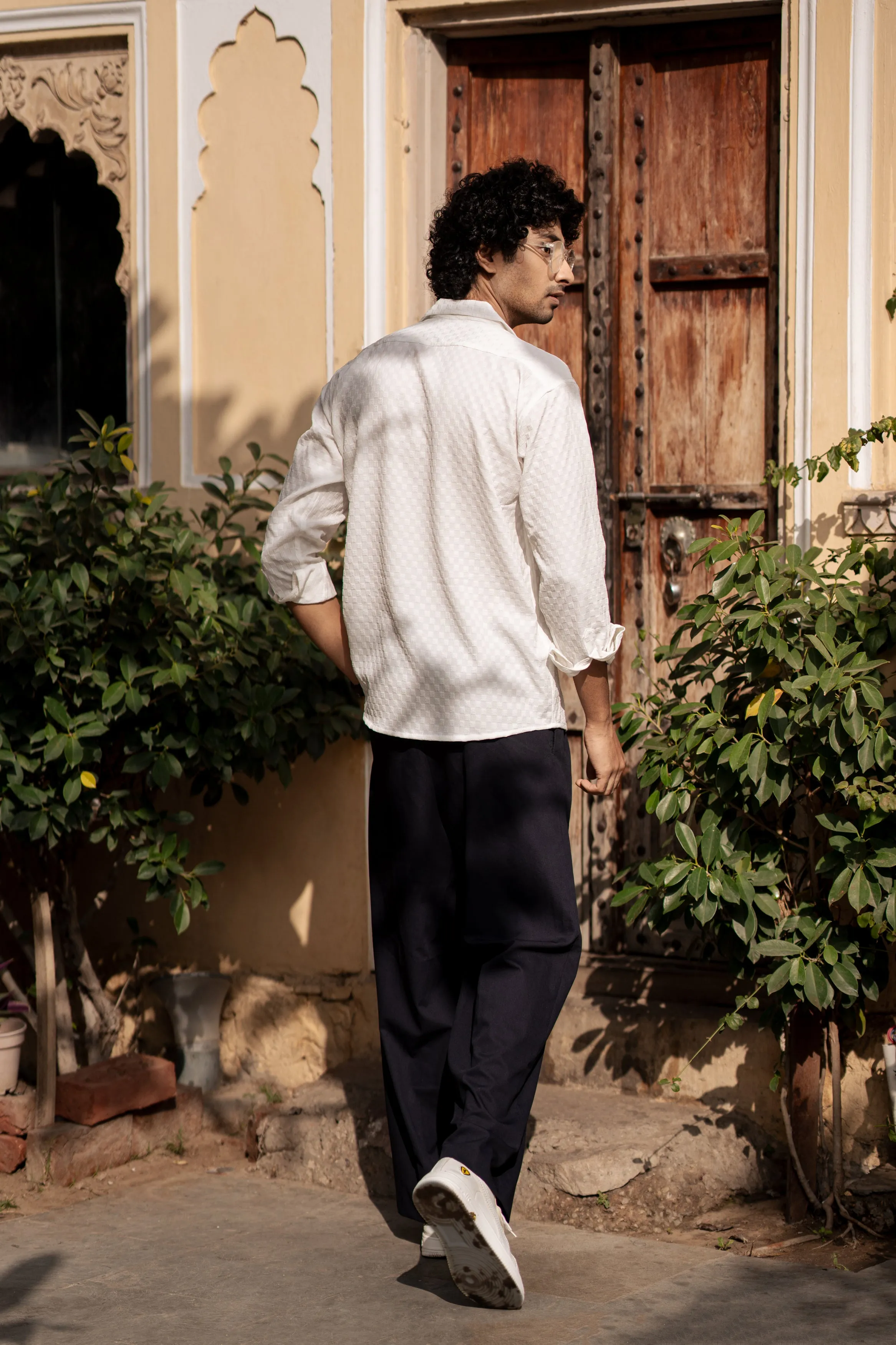 Firangi Yarn Men's Full Sleeve Bubble Cube Self Design Shirt White
