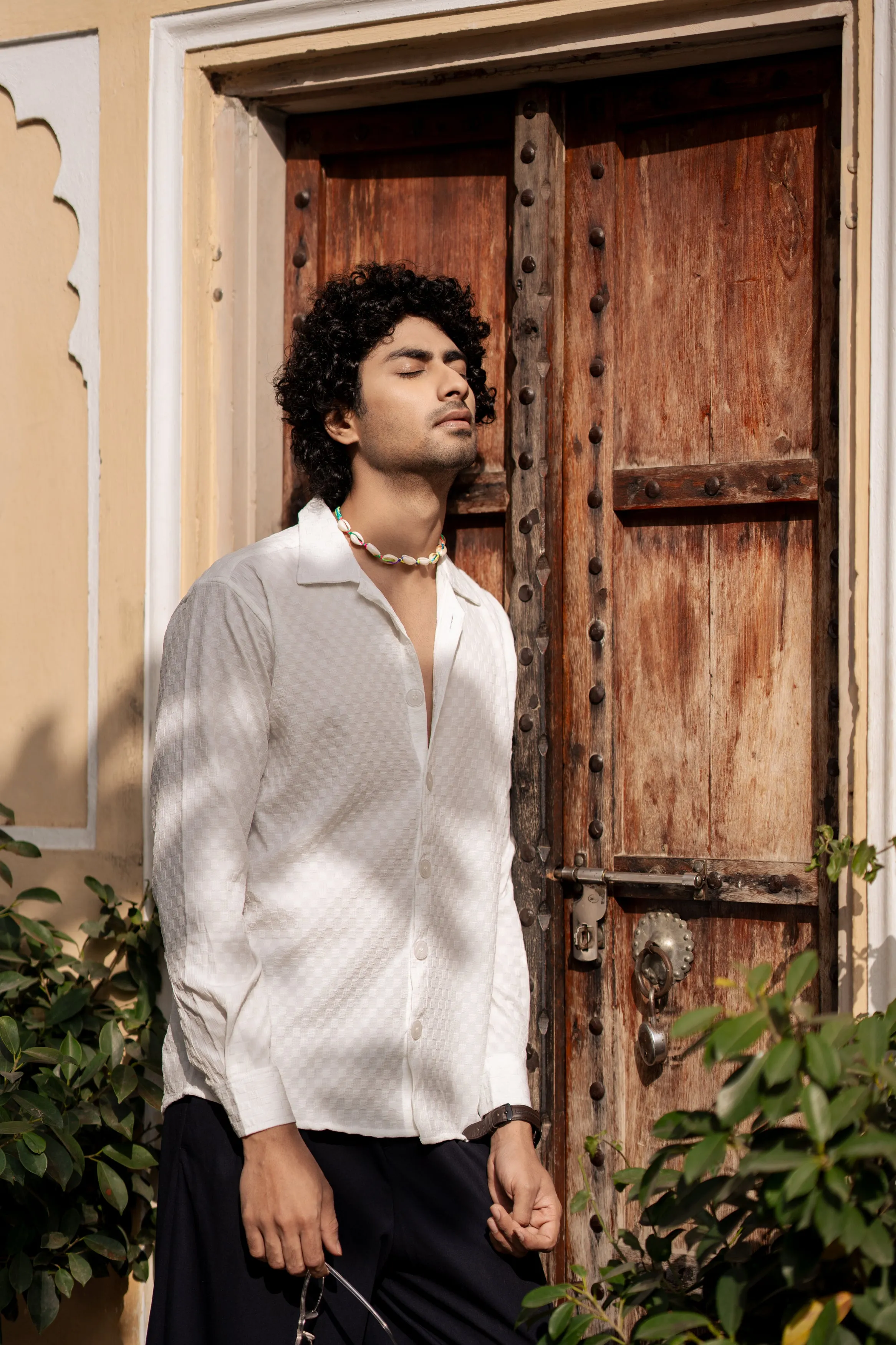 Firangi Yarn Men's Full Sleeve Bubble Cube Self Design Shirt White
