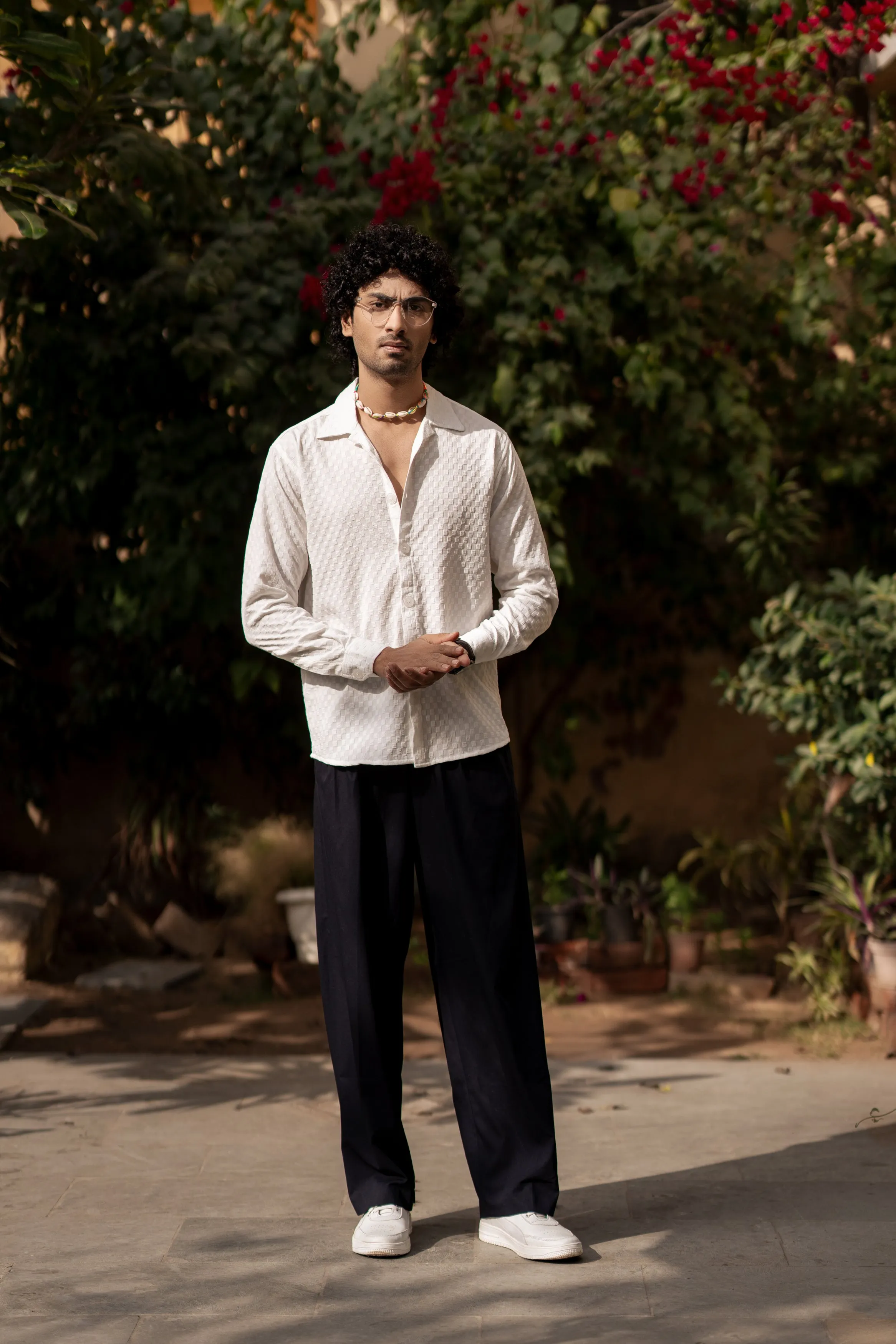 Firangi Yarn Men's Full Sleeve Bubble Cube Self Design Shirt White