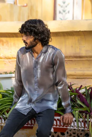 Firangi Yarn Spread Collar Sheer Shimmer Tissue Silk Party Shirt - Chrome Dust