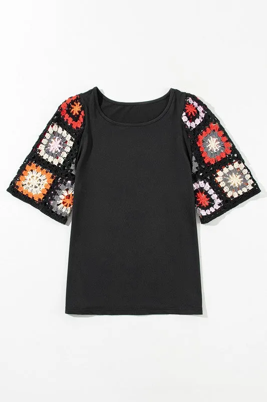 Floral Hollowed Crochet Sleeve Boho T Shirt top