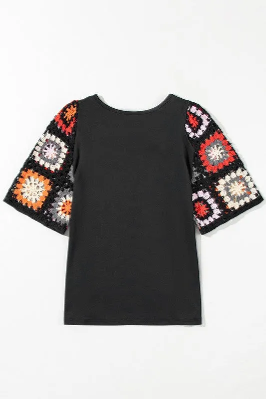 Floral Hollowed Crochet Sleeve Boho T Shirt top