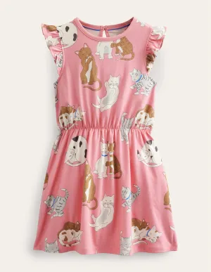 Frill Sleeve Jersey Dress-Crab Apple Pink Cats