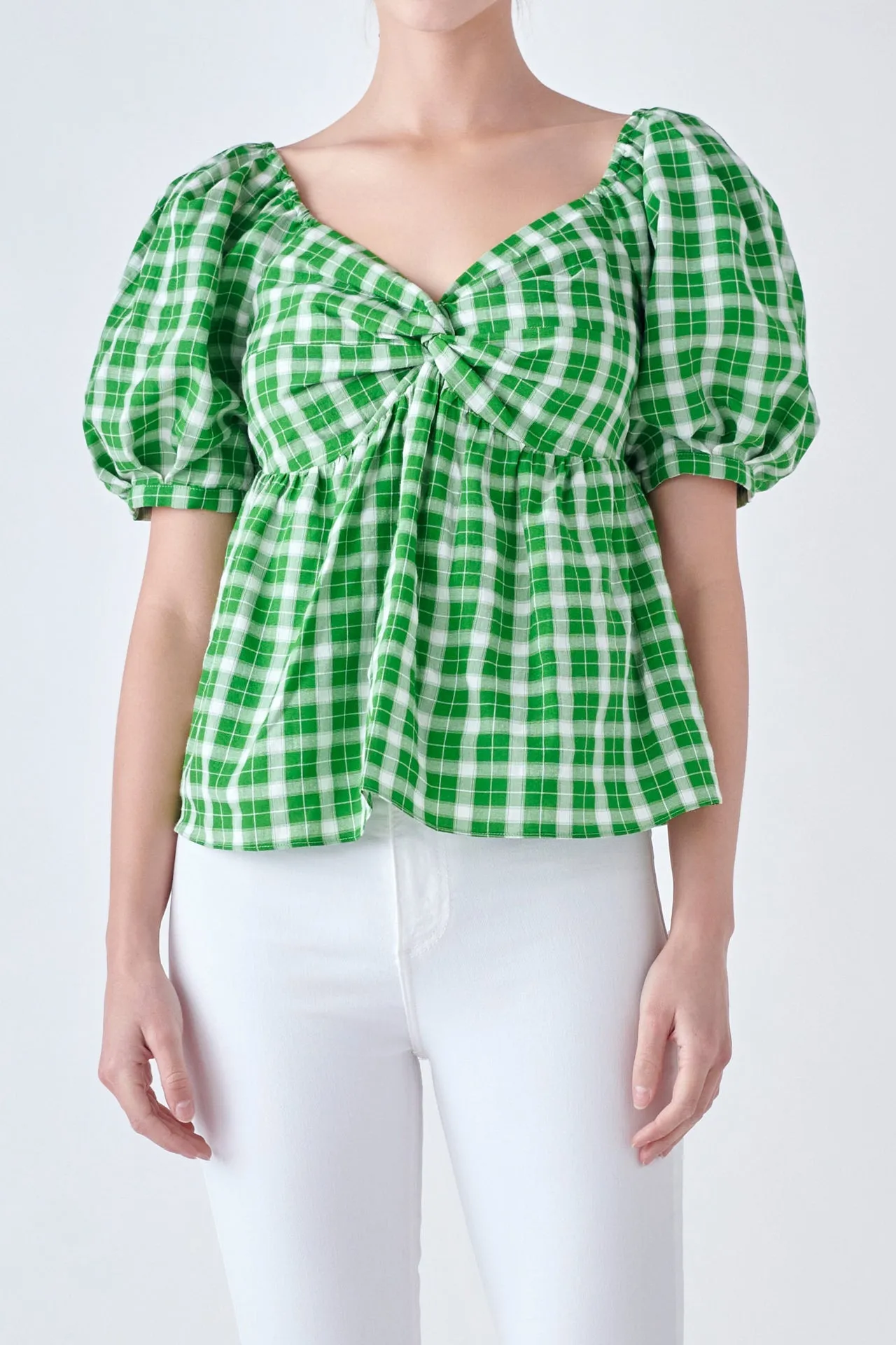 Gingham Twisted Puff Sleeve Top