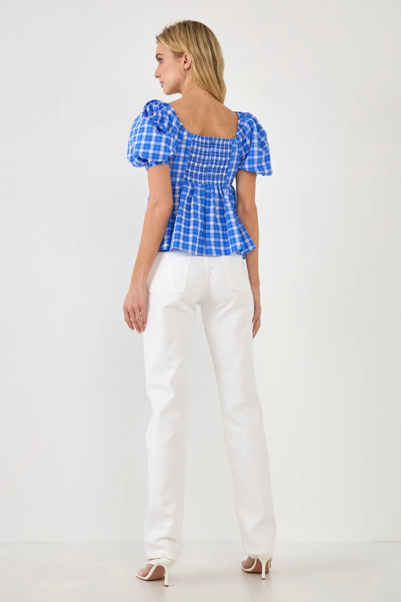 Gingham Twisted Puff Sleeve Top