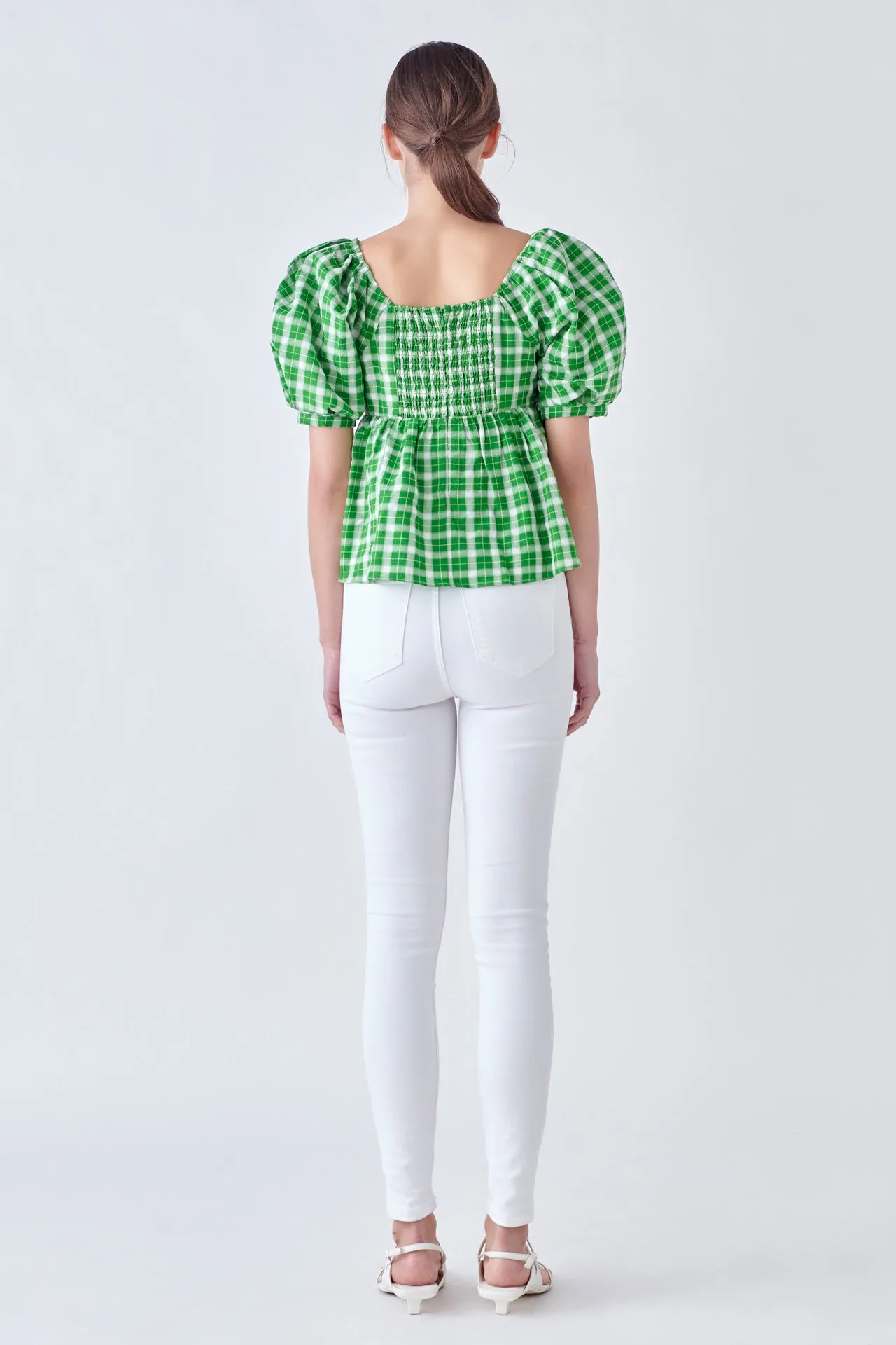 Gingham Twisted Puff Sleeve Top