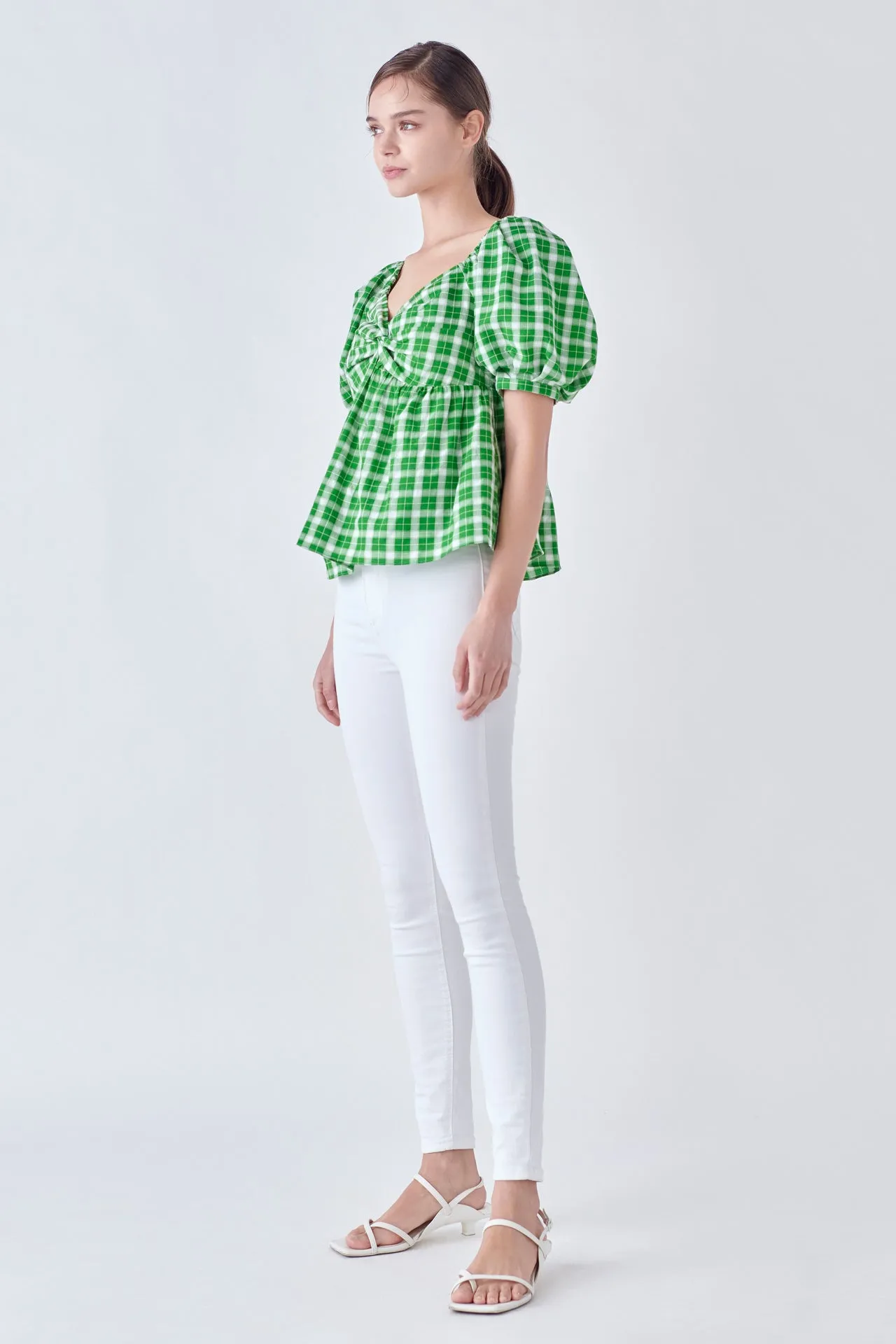 Gingham Twisted Puff Sleeve Top