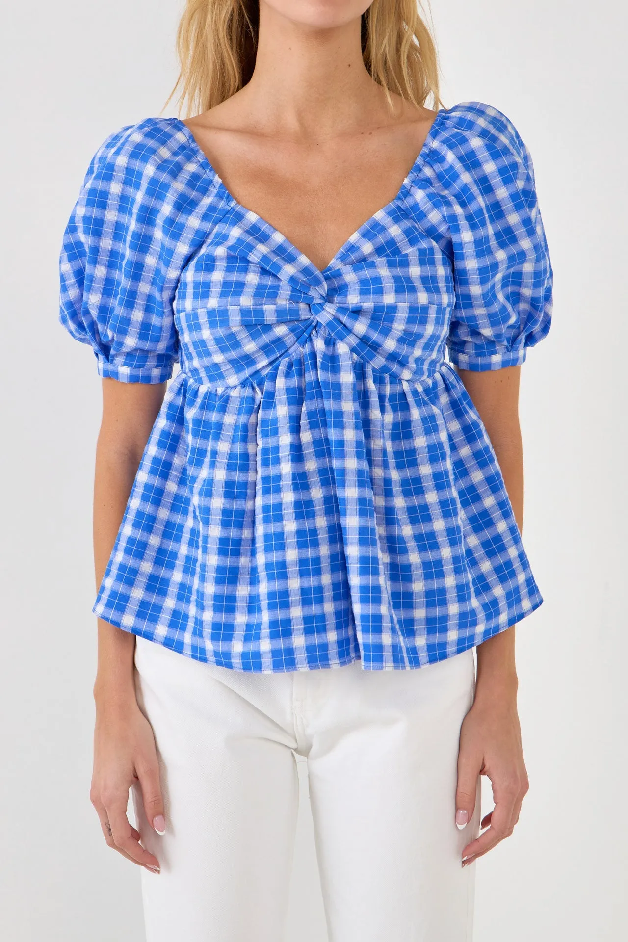 Gingham Twisted Puff Sleeve Top