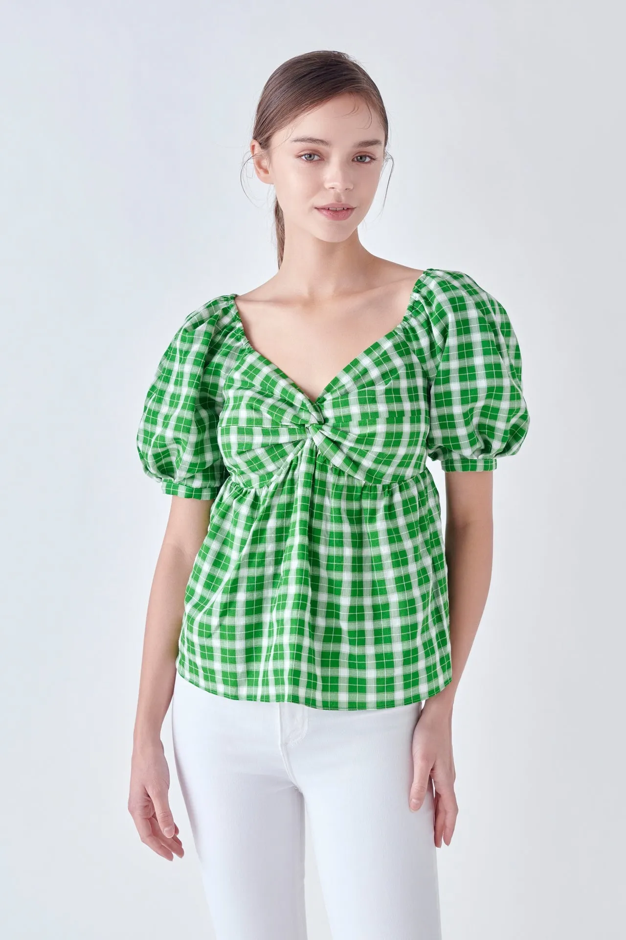 Gingham Twisted Puff Sleeve Top