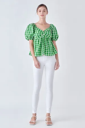 Gingham Twisted Puff Sleeve Top
