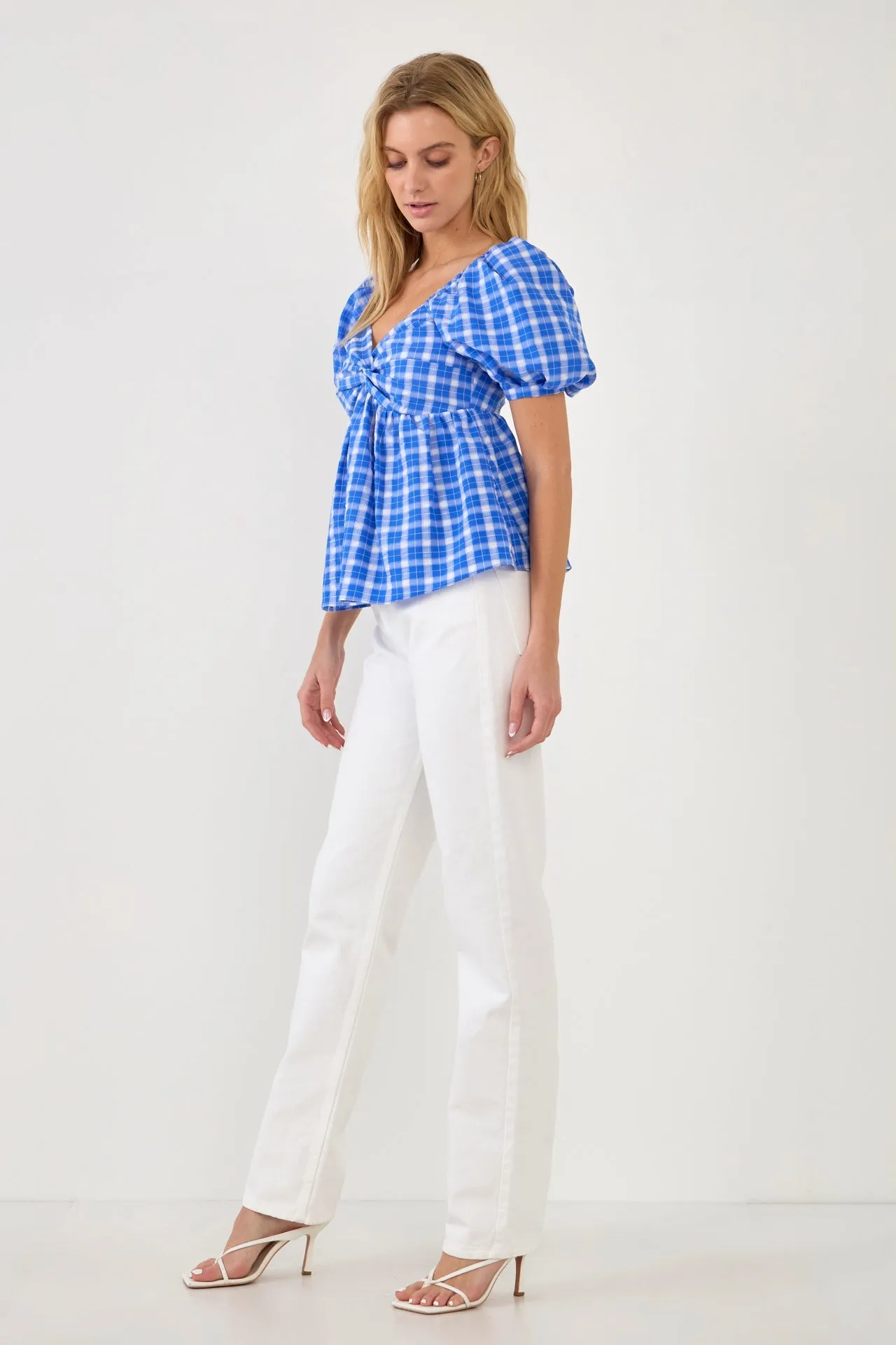 Gingham Twisted Puff Sleeve Top