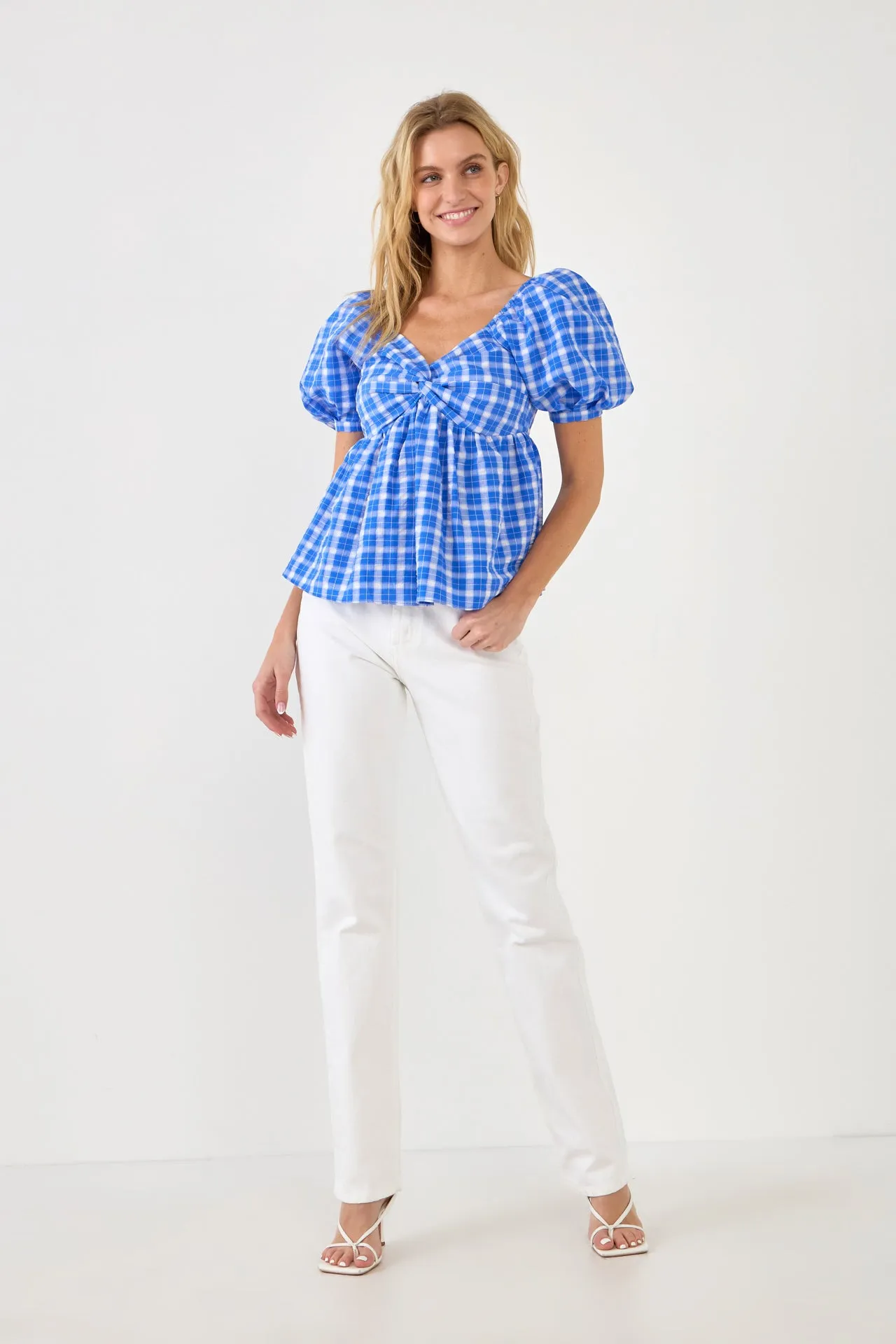 Gingham Twisted Puff Sleeve Top