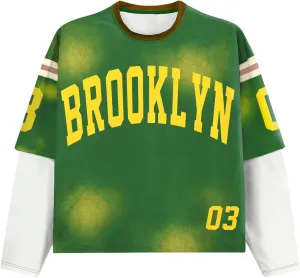 GORGLITTER Men's Oversized Jerseys Shirt Letter Graphic Tees Y2k 2 in 1 Long Sleeve Crewneck Tshirts