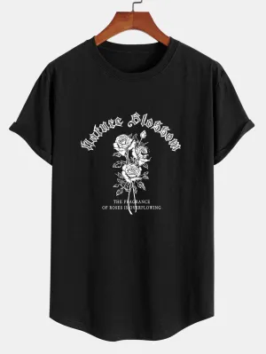 Gothic Style Rose Print Cotton Arc Hem T-Shirt