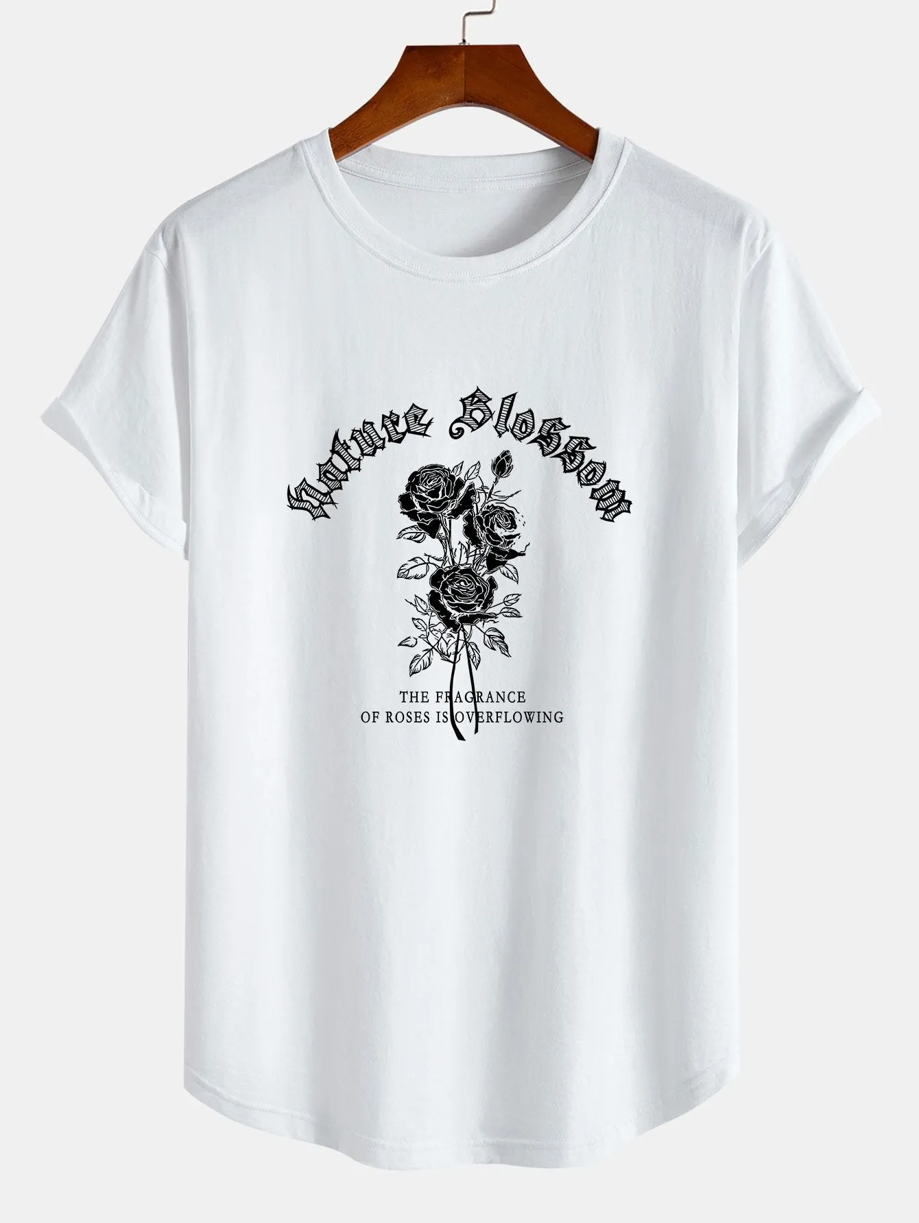 Gothic Style Rose Print Cotton Arc Hem T-Shirt