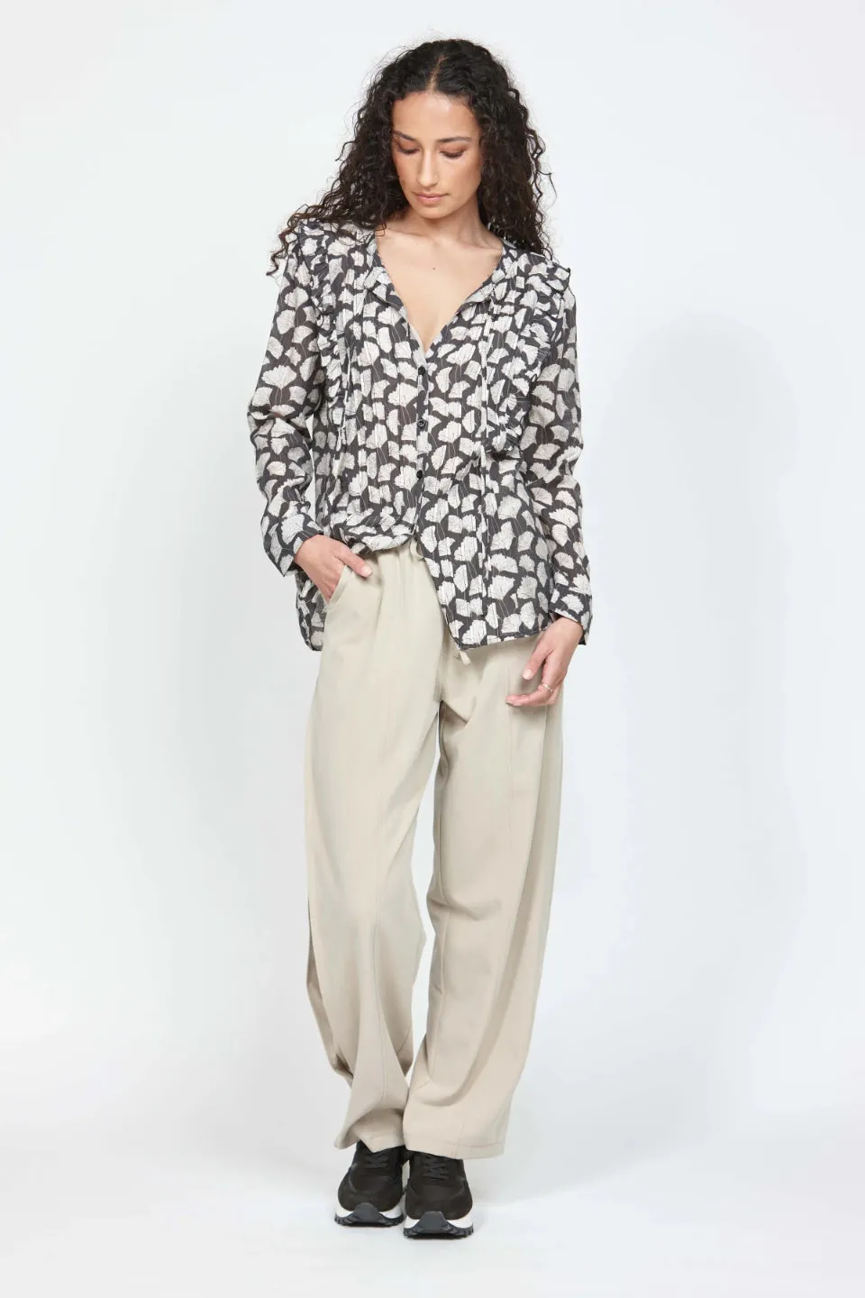 Hansen Black Floral Frill LS Top