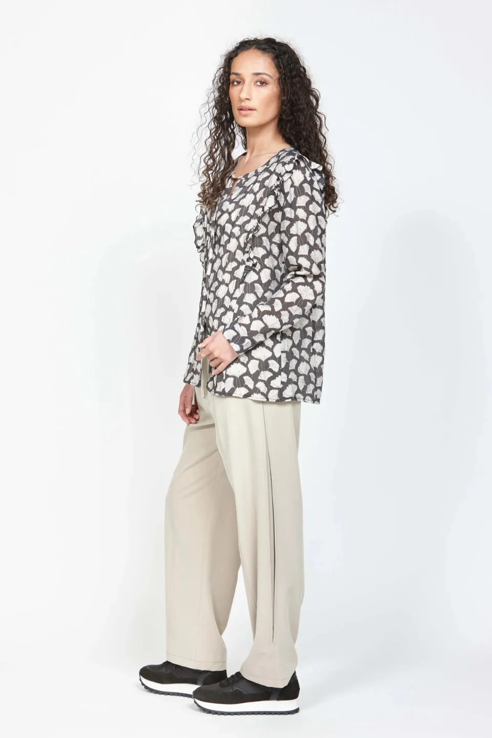 Hansen Black Floral Frill LS Top