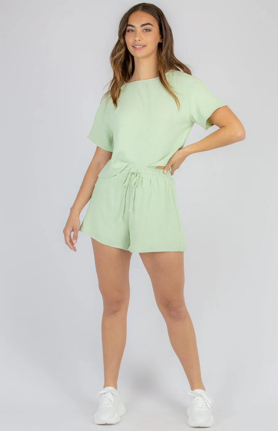 Lime Coloured Textured Set With Loose Fit Top And Shorts