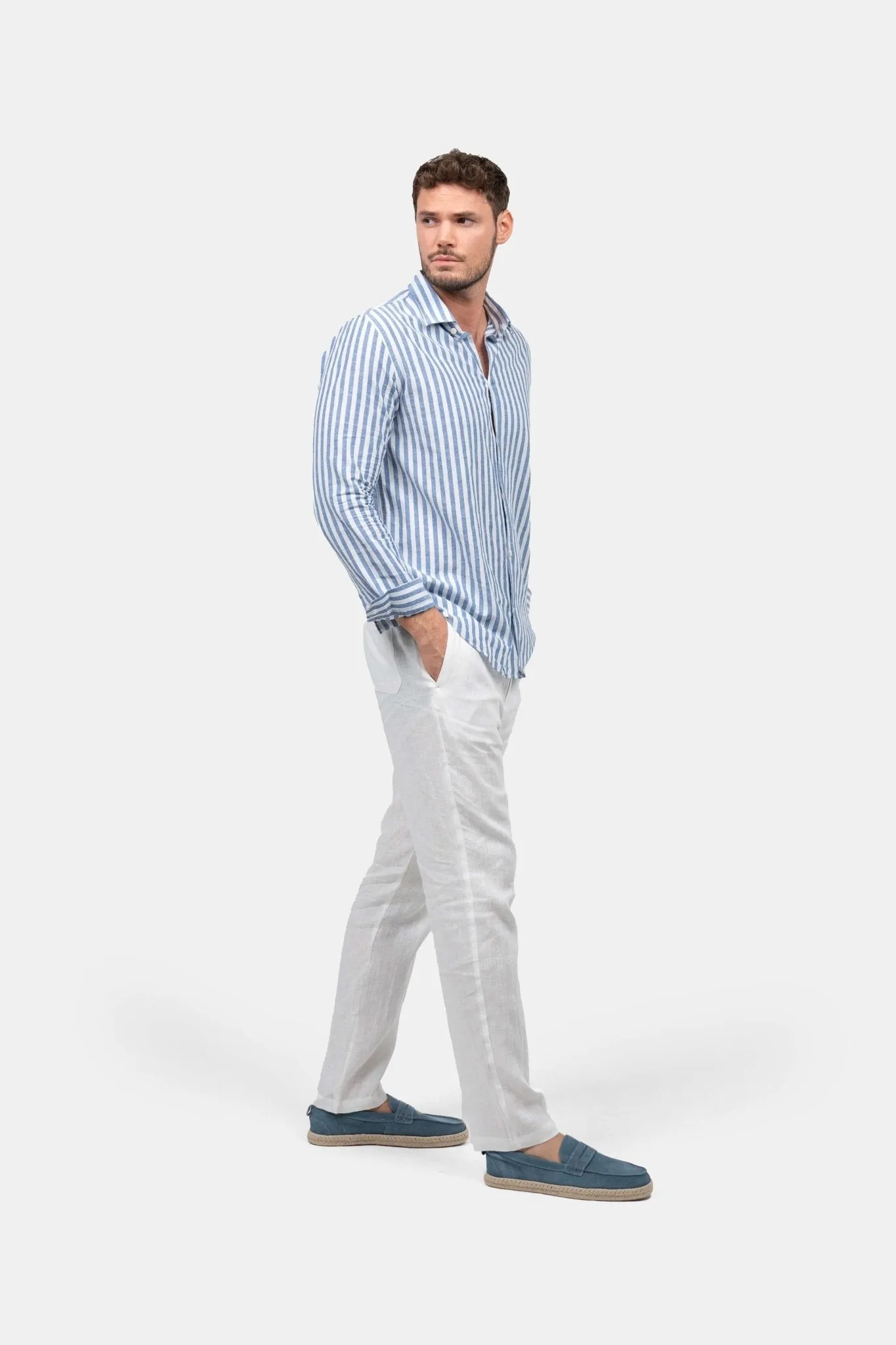 Long Sleeve Linen Shirt Blue Striped