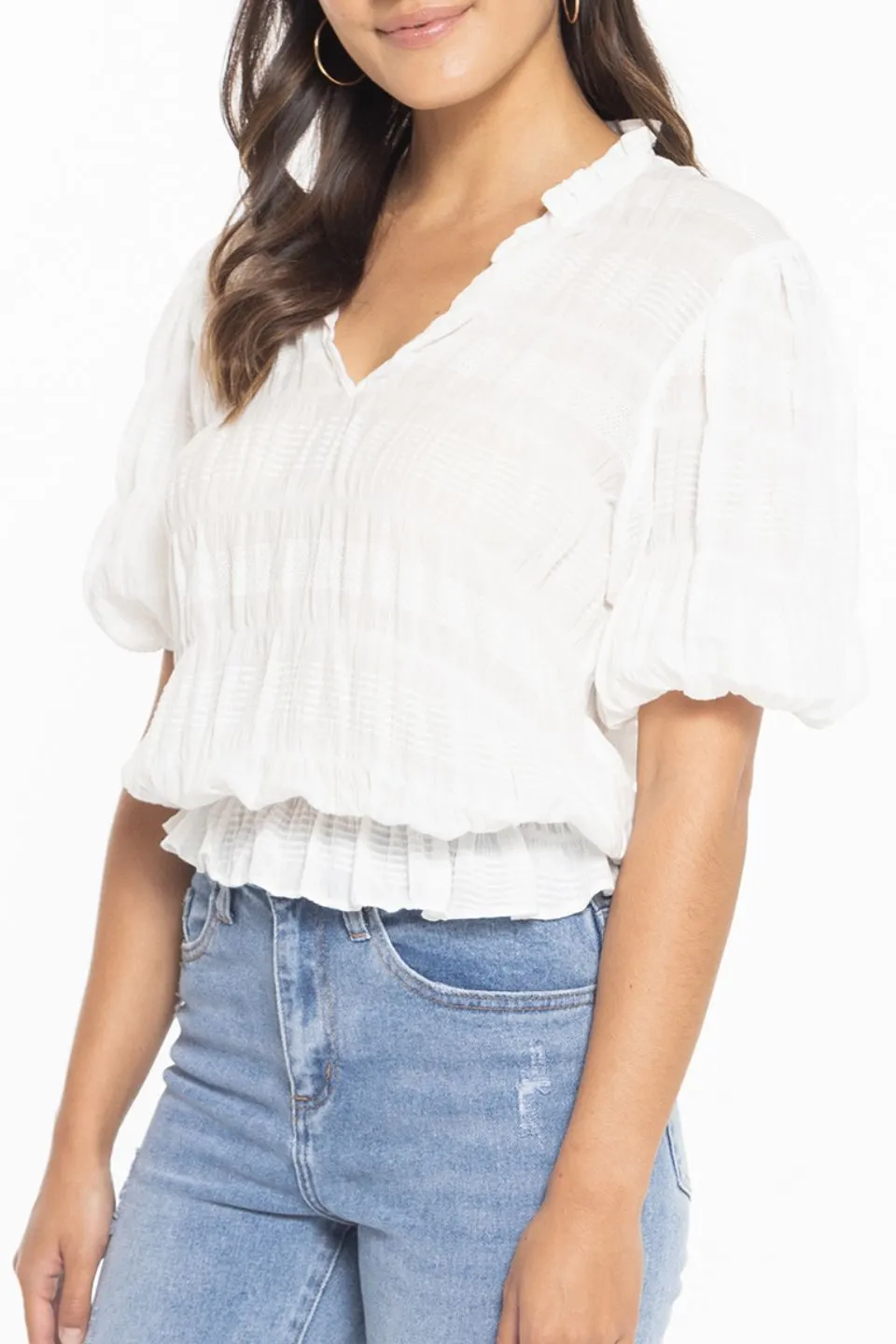 Lucia White Puff Sleeve Frill Hem Top