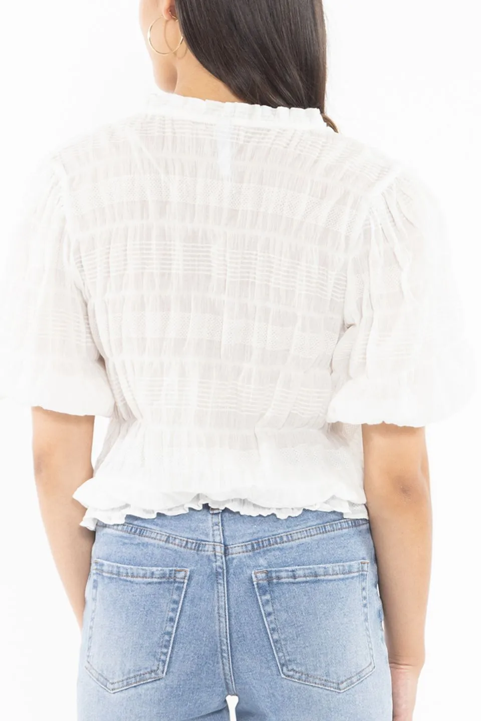 Lucia White Puff Sleeve Frill Hem Top