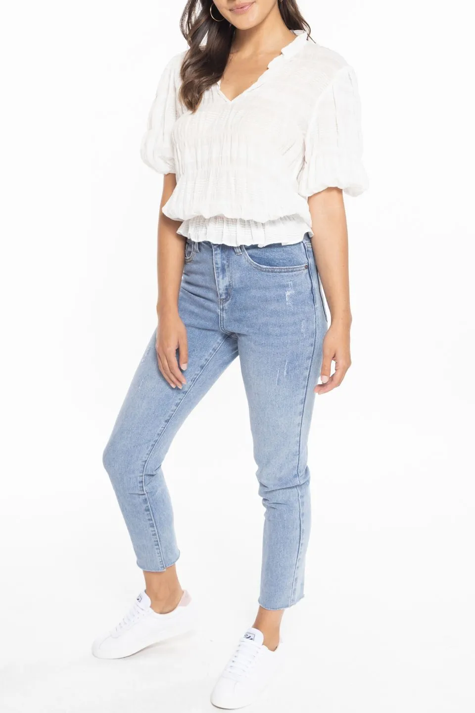 Lucia White Puff Sleeve Frill Hem Top