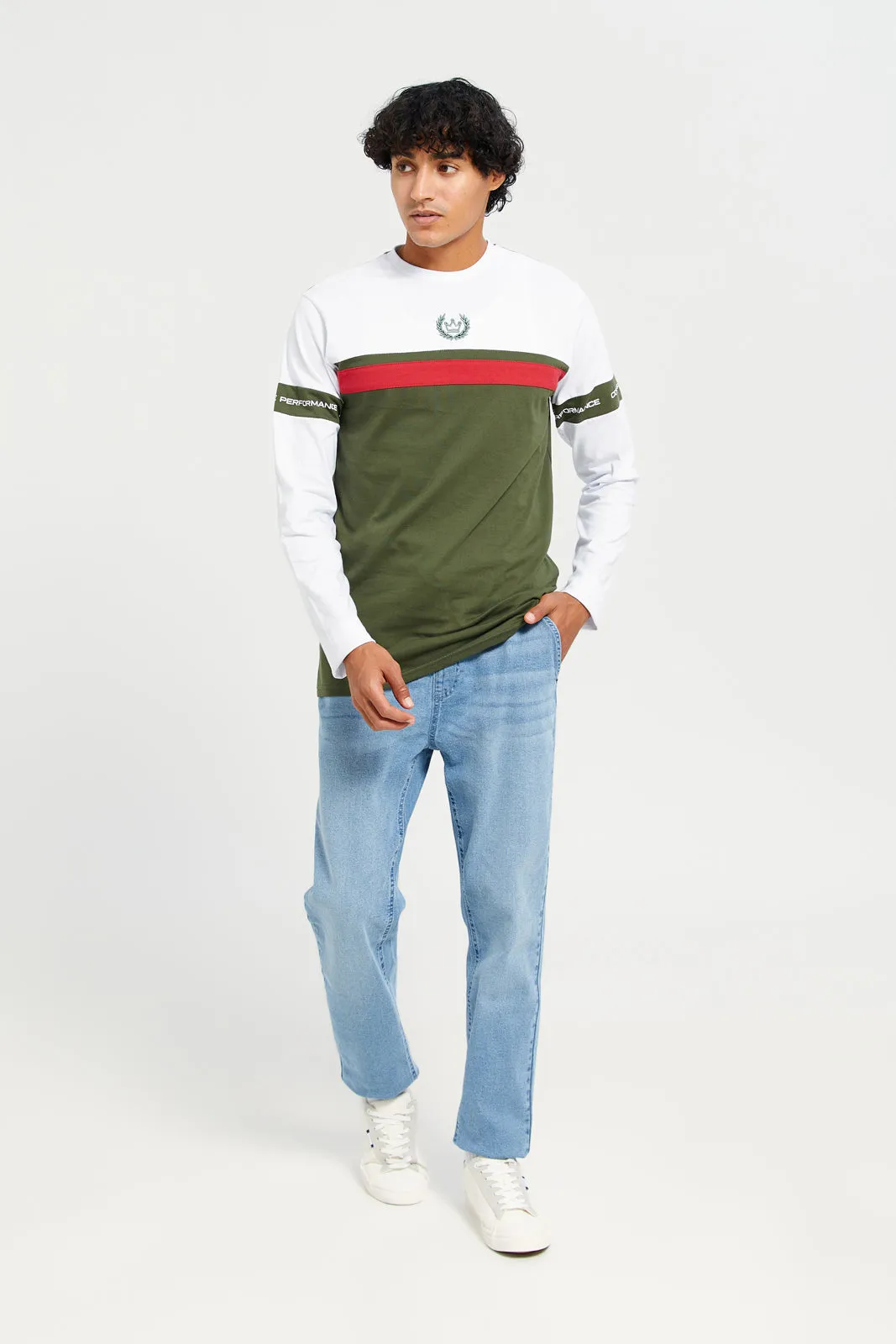 Men Green And White Long Sleeve T-shirt