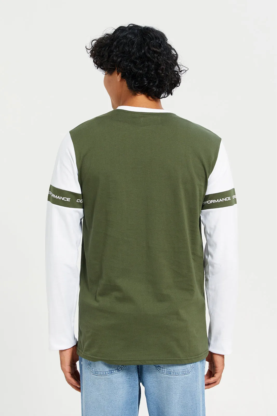 Men Green And White Long Sleeve T-shirt