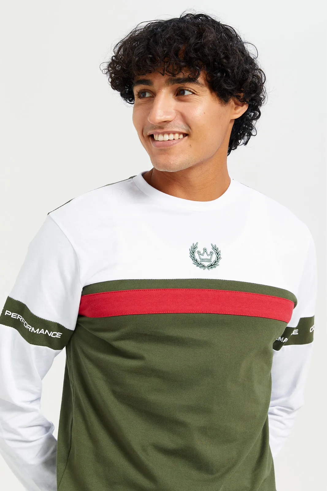 Men Green And White Long Sleeve T-shirt