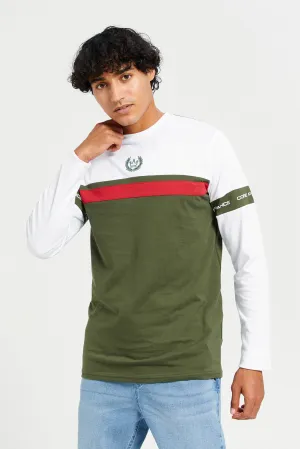 Men Green And White Long Sleeve T-shirt
