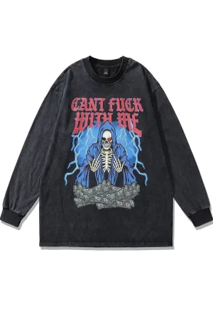 Money t-shirt punk grim reaper long tee retro top acid grey