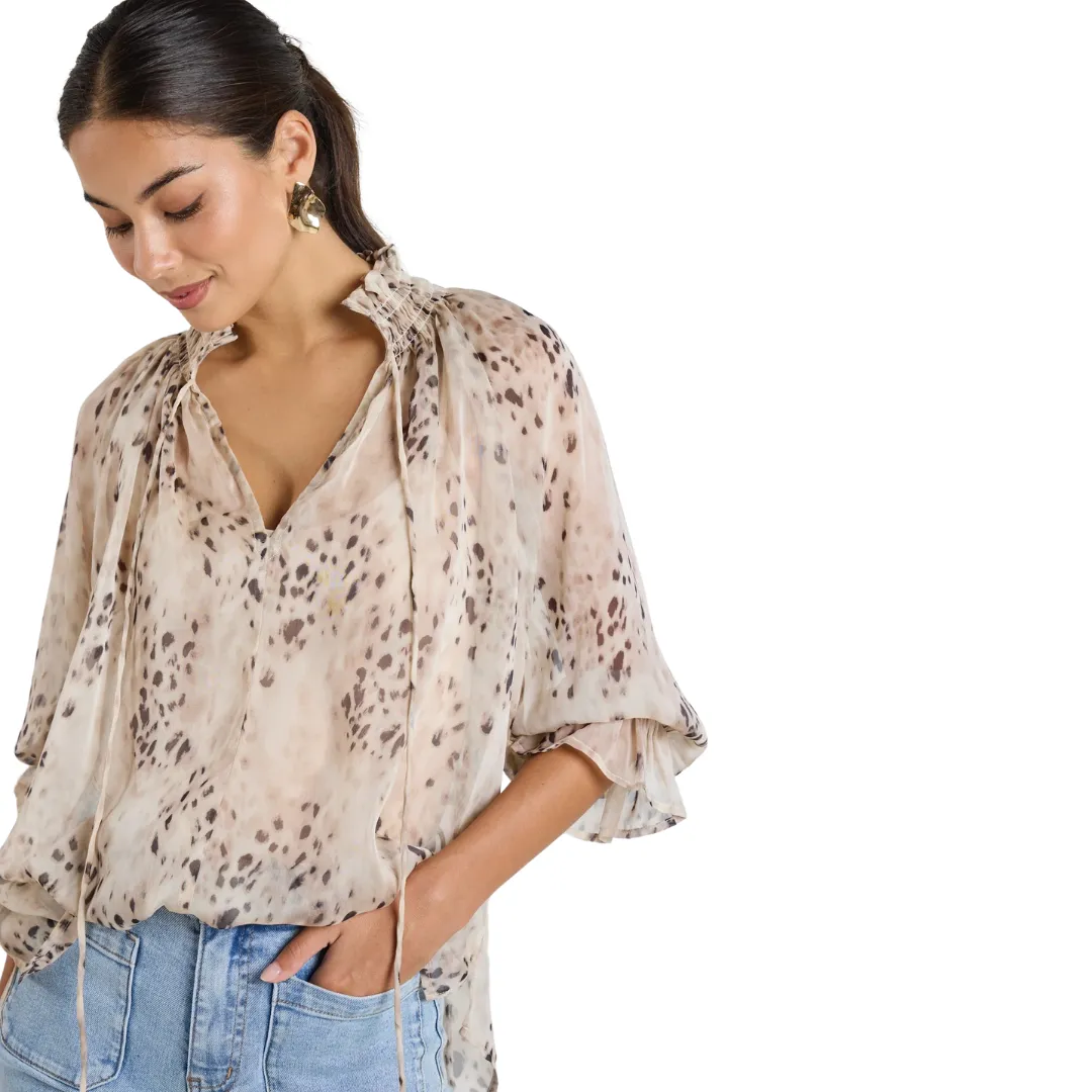 Odyssey Beige Leopard Georgette Shirred Neck LS Top - Beige Leopard