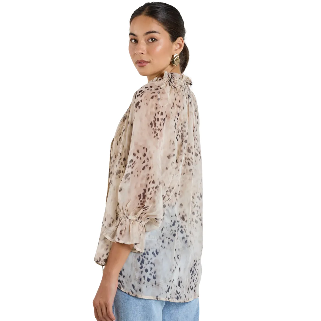 Odyssey Beige Leopard Georgette Shirred Neck LS Top - Beige Leopard
