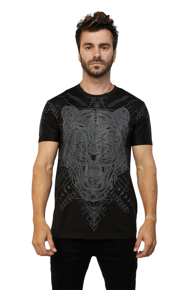 Platini Black Cotton Rhinestone Relaxed Fit T-Shirt