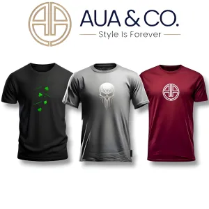 "Men’s Cotton Blend T-Shirt Bundle – Black, Grey, Maroon | High-Quality DTF Prints by AUA&CO"