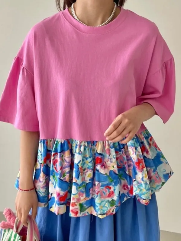 Ruffled Floral Short Sleeves Shirt