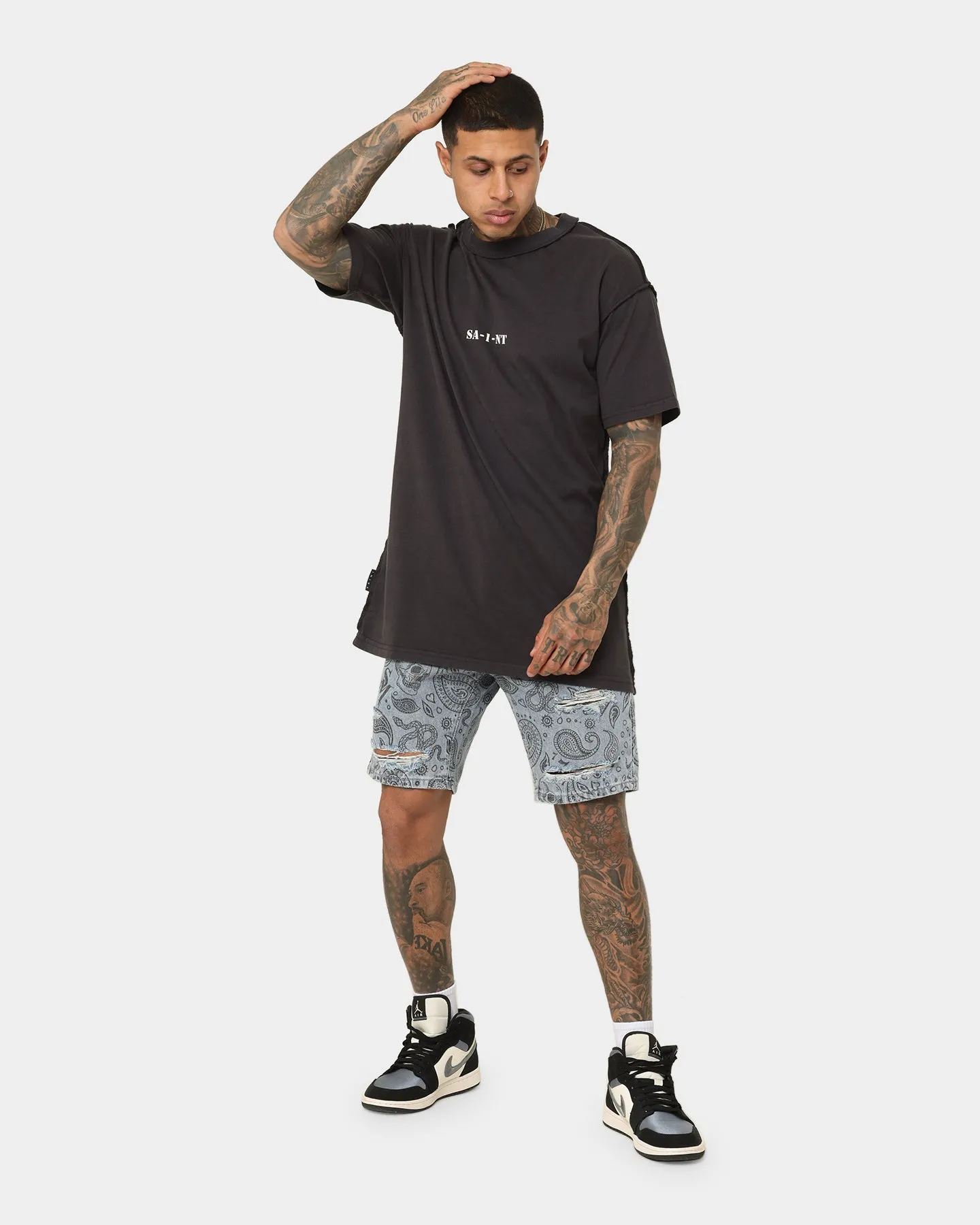 Saint Morta Paisley Skulls Denim Shorts Stone Wash Blue