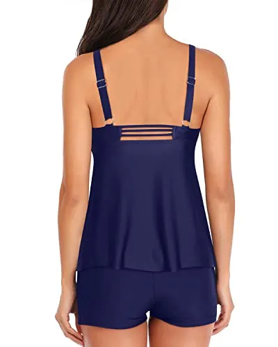Slimming Flyaway Tankini Tops Shorts Two Piece Tankini Swimsuits-Navy Blue