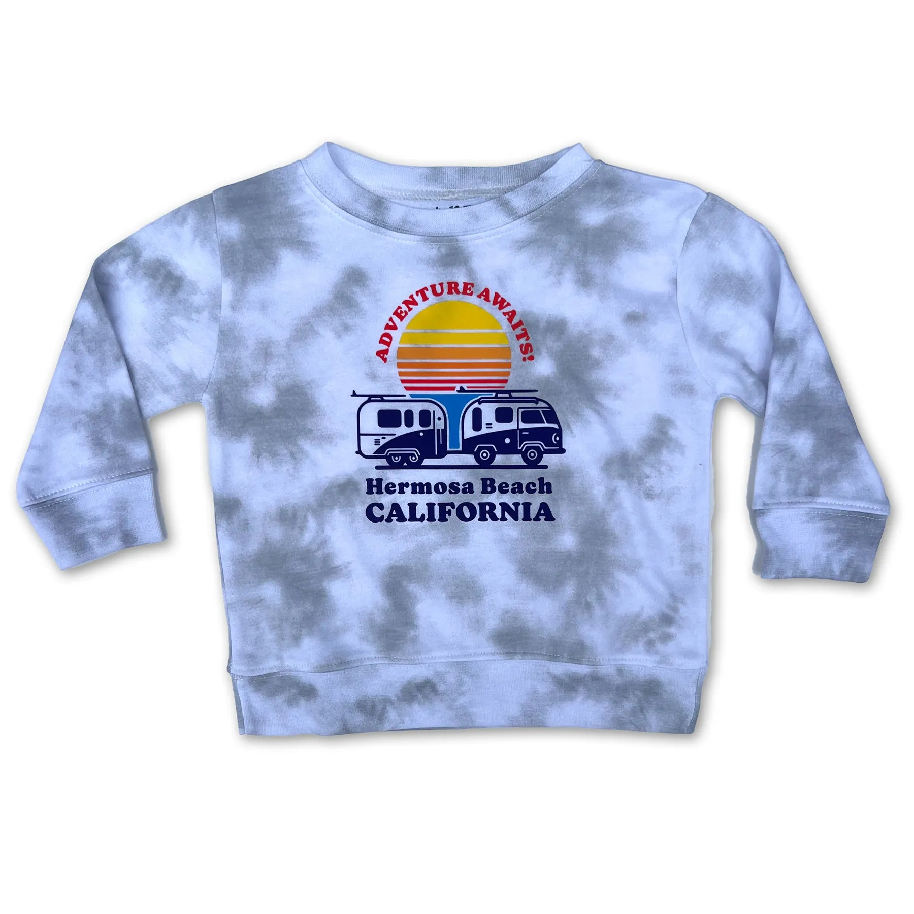 Sol Baby Adventure Awaits Hermosa Beach California Beach Camper Long Sleeve Cloud Tie Dye Crew Neck Tee