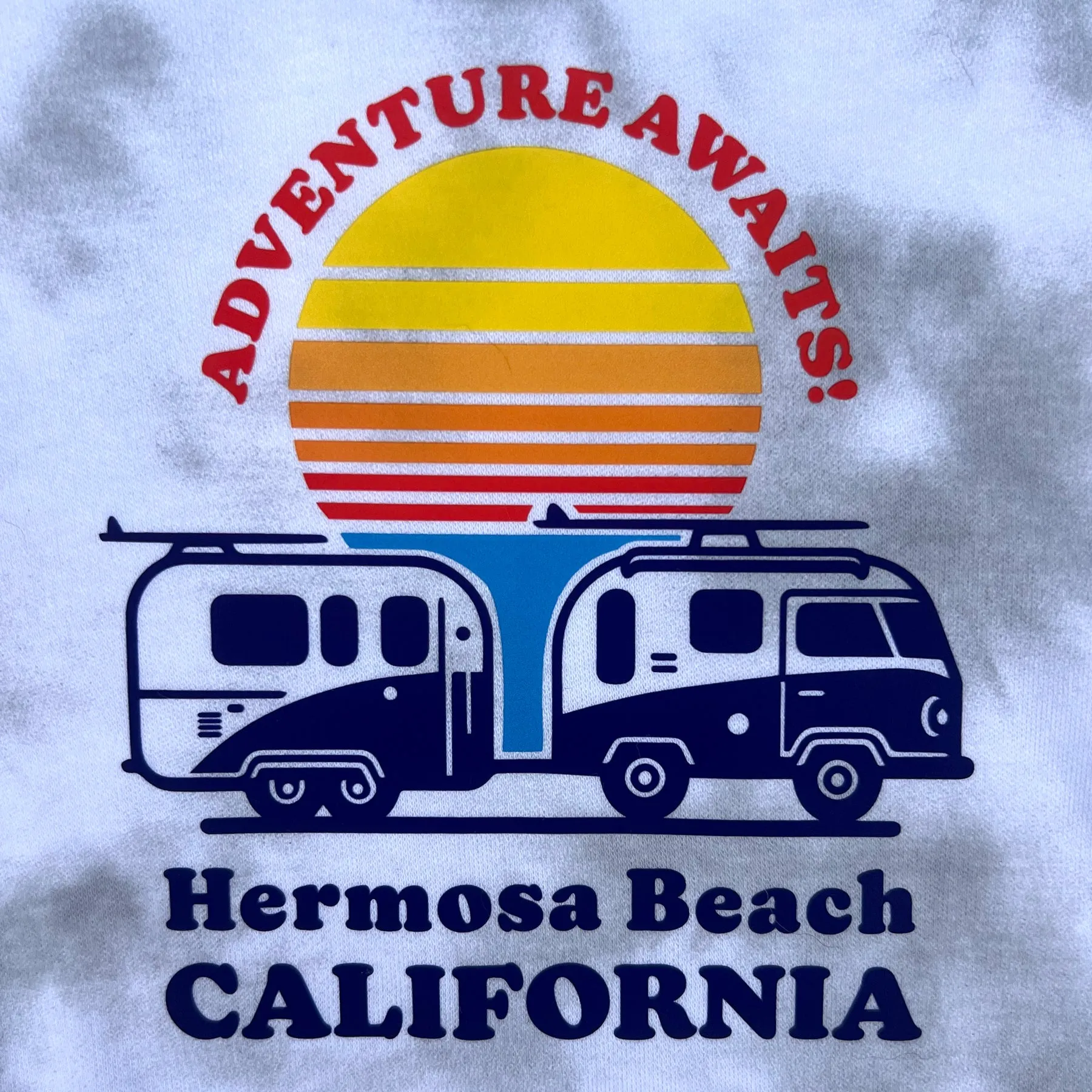Sol Baby Adventure Awaits Hermosa Beach California Beach Camper Long Sleeve Cloud Tie Dye Crew Neck Tee
