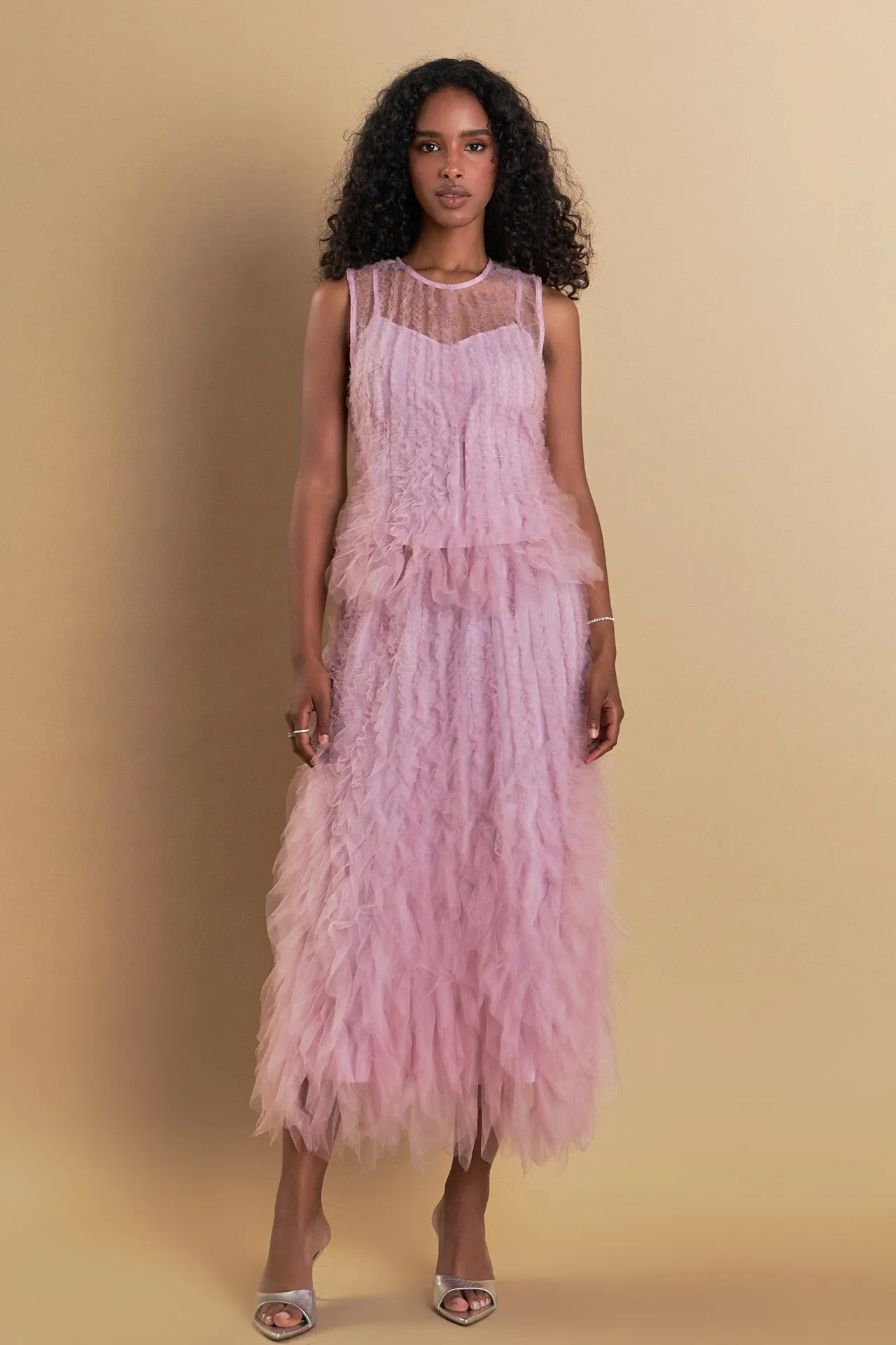 Tulle Ruffled Sleeveless Top