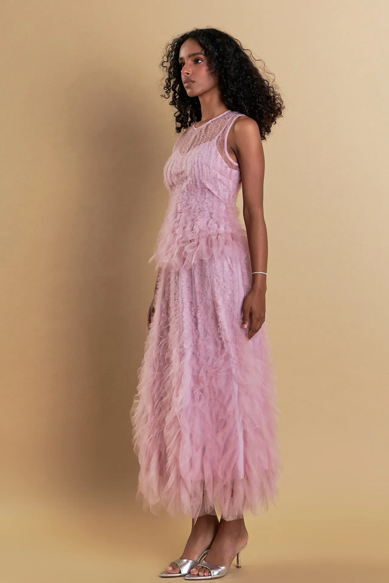 Tulle Ruffled Sleeveless Top