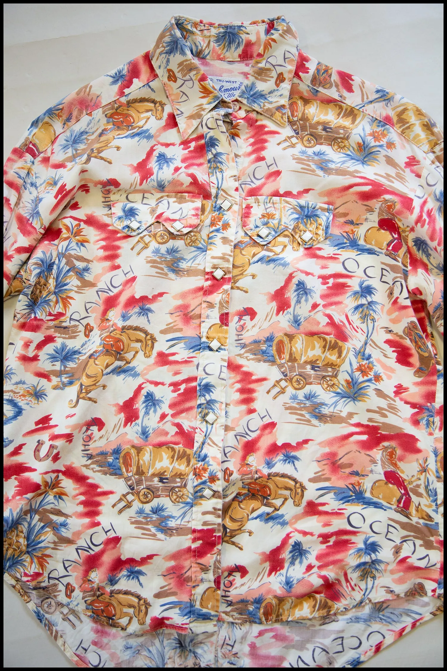 Vintage 1980s Rockmount Cowboys at the Beach Hawaiian Shirt
