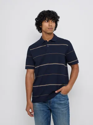 WES Casuals Navy Blue Relaxed-Fit Cotton-Blend Polo T-Shirt
