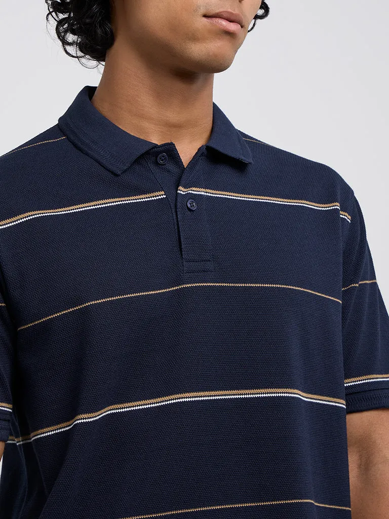 WES Casuals Navy Blue Relaxed-Fit Cotton-Blend Polo T-Shirt