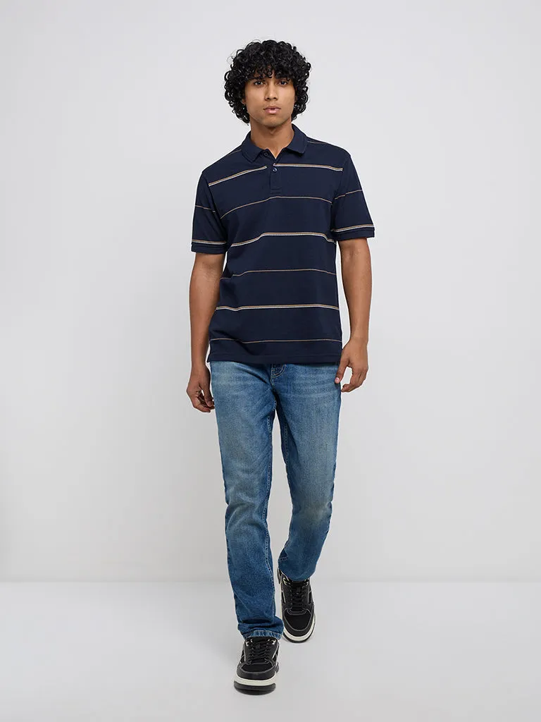 WES Casuals Navy Blue Relaxed-Fit Cotton-Blend Polo T-Shirt